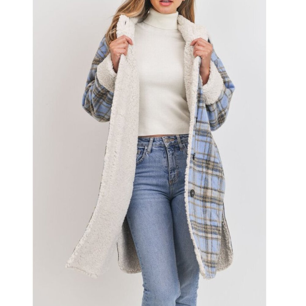 Boho Western Plaid Flannel Faux Fur Sherpa Lined Long Shacket Jacket Coat - Picture 6 of 7